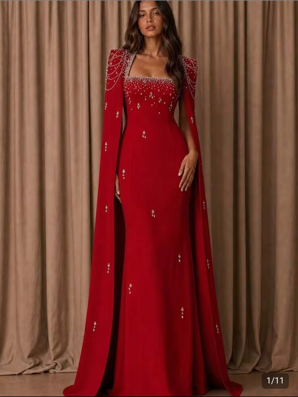Red Embellished Square-Neck Evening Gown with Cape